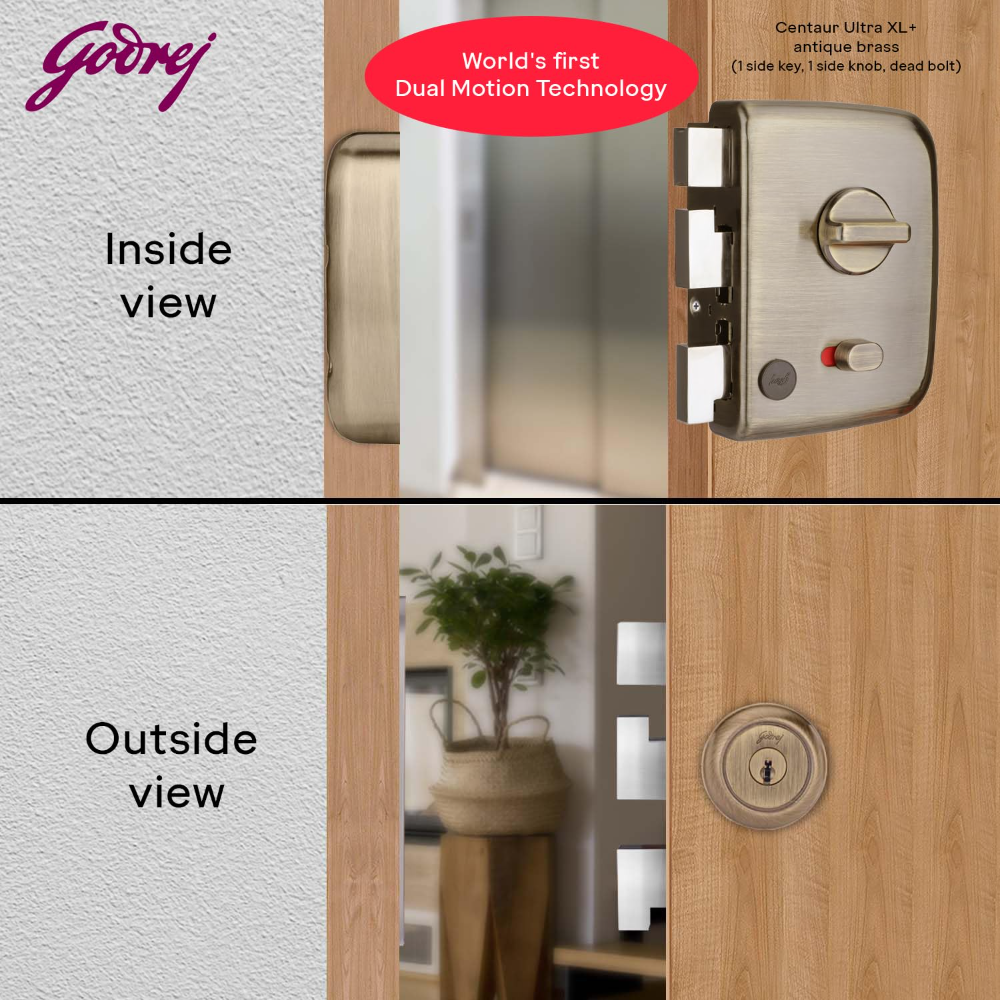 Godrej Rim Lock I Centaur Rim Lock I1st Dual Motion Lock | Ultra XL plus   Technology |4Keys I 1CK Dead Bolt Lock I for Inside or Outside Opening Door for Main  and   Safety Door I Antique Brass Finish